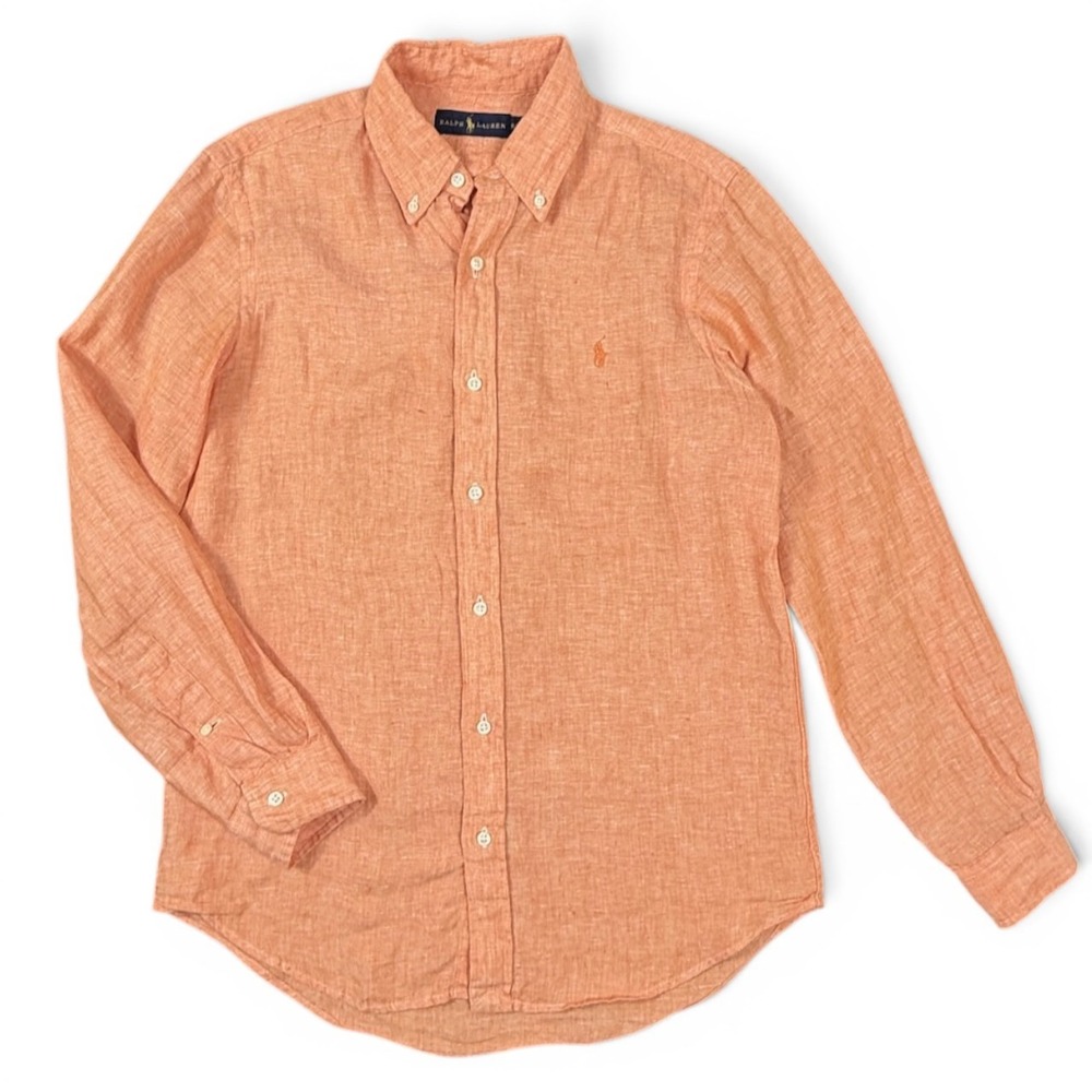 Ralph Lauren Long Sleeve Shirt Mens L Button Down 100% Linen Orange Preppy Peach